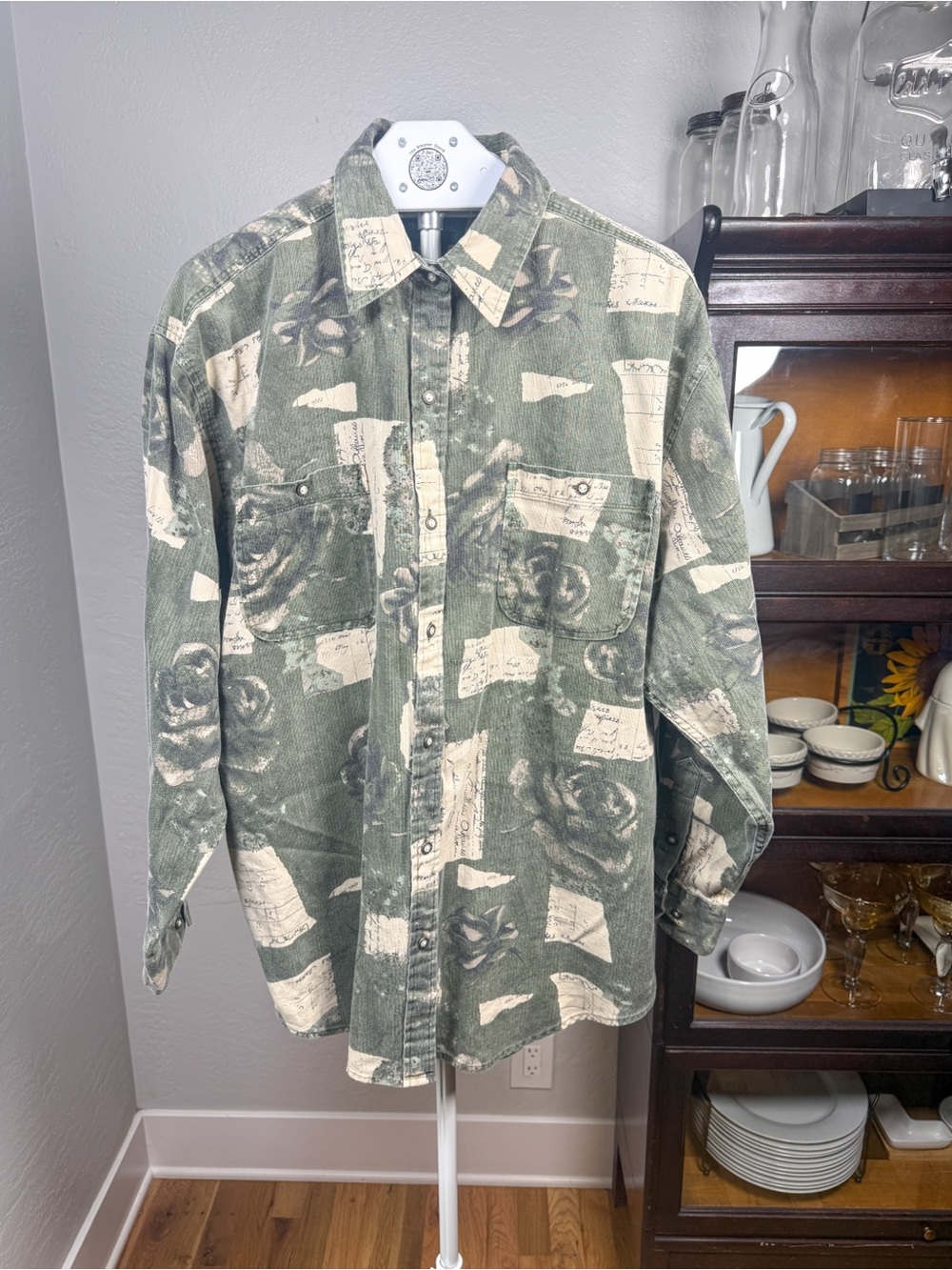 Vintage Hunt Club Green Floral Rose Script Print Western Button Shirt Size XL
